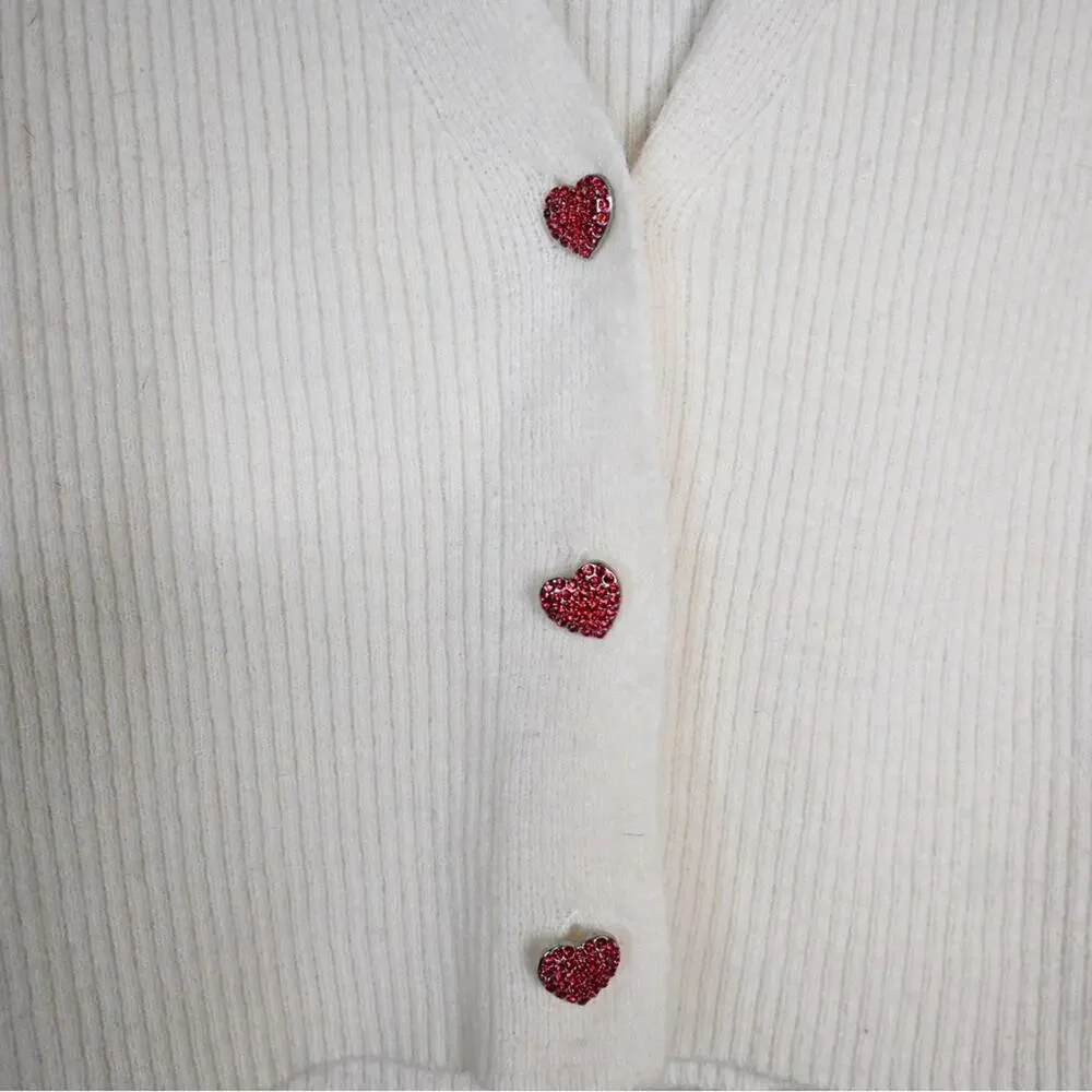 Witty Fox Women's S Rhinestone Heart Button Up Cropped Cardigan Sweater